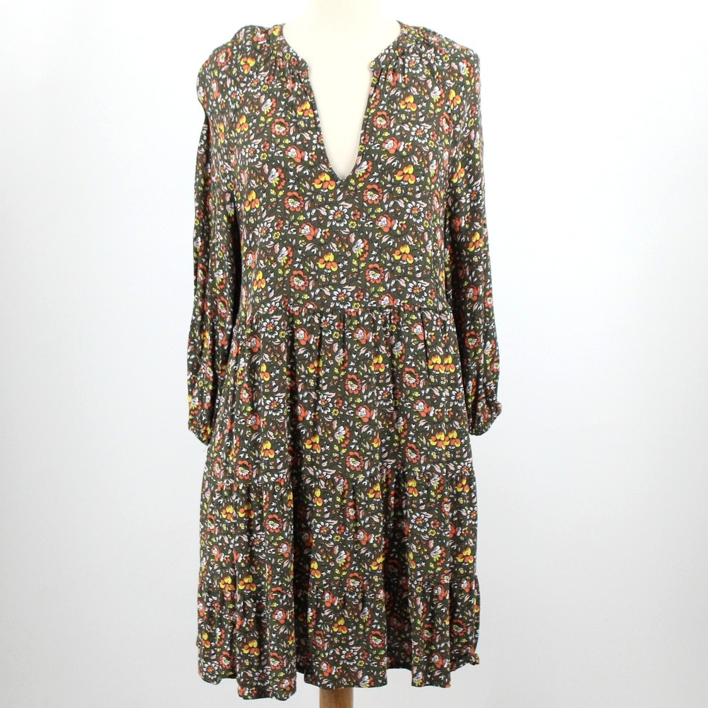 Boden‎ Floral Print Tiered Midi Dress Green Spring Long Sleeve V Neck Women's 6